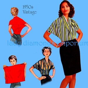 May include: A sewing pattern illustration titled 1950s Vintage and lady diamonds emporium featuring a blouse with a V-neckline and short dolman sleeves. The blouse is shown in a black, white, and yellow vertical stripe pattern and a solid red color.