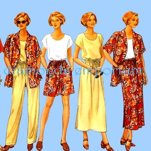Patrón de costura Butterick 4507 de los años 90: Blusa tipo jersey fácil, camisa abotonada, falda maxi de corte A, pantalones cortos y shorts para mujer, tallas 6, 8, 10, 12 y 14. Sin cortar.