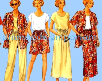 1990’s Butterick 4507 Easy Pullover Top Button-up Shirt A-line Maxi Skirt Pull-on Shorts Pants Womens 6 8 10 12 14 Sewing Pattern Uncut
