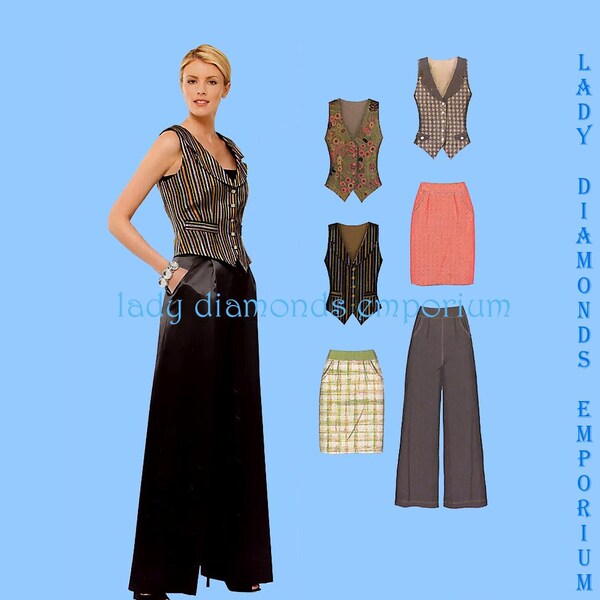 New Look 6919 Womens Tuxedo Pantsuit Fitted Vest Style Tops Straight Skirt Dressy Palazzo Pants size 6 8 10 12 14 16 Sewing Pattern Uncut FF