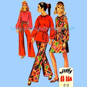 1960’s Pullover Dress Tunic Top Blouse Long Sleeves Bell Bottom Pants Womens sz 14 bust 36 Boho Hippie Sewing Pattern Simplicity 8450 Uncut