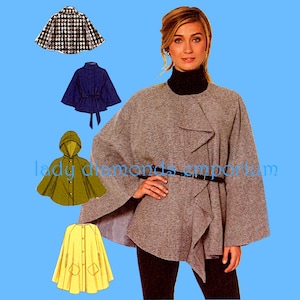 May include: A woman wearing a gray cape with a black belt. The image also shows four different cape designs: a black and white houndstooth cape, a navy blue cape with a tie, a green hooded cape, and a yellow cape with pockets. The text "lady diamonds emporium" is visible.