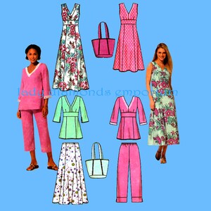 Puede incluir: Una colección de patrones de ropa de mujer, que incluye vestidos, tops, faldas y pantalones. Los patrones presentan diseños florales y de lunares, con una combinación de colores rosa y verde. También se incluye un bolso tote rosa.