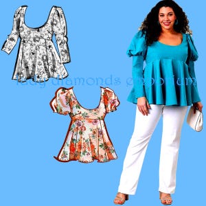 May include: An image featuring three different tops. One is a teal long-sleeve top with a scoop neck and a flared hem, paired with white pants. The other two are illustrations of tops, one in black and white floral print and the other in a floral print.
