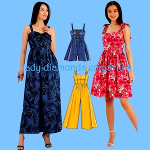 Könnte beinhalten: Eine Frau trägt ein langes blaues Kleid mit tropischem Blättermuster. Ein rotes Kleid mit Blumenmuster und zwei Jumpsuit-Schnittmuster sind ebenfalls abgebildet. Der Text "lady diamonds emporium" ist sichtbar.