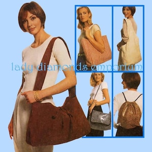 Può includere: Quattro diversi stili di borse, tra cui una borsa tote marrone, una borsa tote a righe, una borsa tote bianca e uno zaino leopardato. Le borse sono mostrate su modelle in un collage.