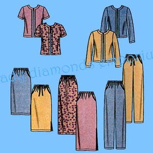 May include: A set of clothing patterns for tops and skirts. The patterns include a variety of styles, including a floral print, a solid color, and a denim look. The patterns are all in a neutral color palette.