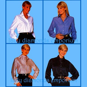 Puede incluir: Se muestran cuatro camisas abotonadas de manga larga sobre un fondo azul. Las camisas son blancas, azules, marrones y negras con rayas verticales. Cada camisa se combina con pantalones negros y un cinturón negro. El texto "lady diamonds emporium" es visible.