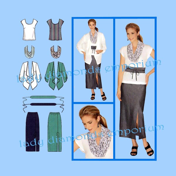 Womens Pullover Tunic T-shirt Top Slim Pull-on Maxi Skirt Jacket Belt Tube Cowl Scarf Plus Size 20 22 24 26 28 Pattern Simplicity 1920 Uncut