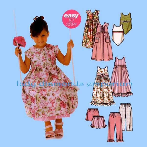 Girls Raised Waist Dress Top Capri Pants Shorts Sundress Childs size 3 4 5 6 7 8 Easy to Sew Summer Pattern Simplicity 5226 1454 Uncut FF