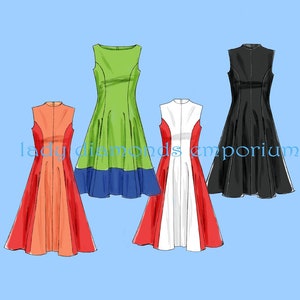 Fitted & Flared Princess Seam Dress Wide Neck or Raised Neck Womens 8 10 12 14 16 Back Zipper Side Pockets Sewing Pattern McCalls 6741 Uncut