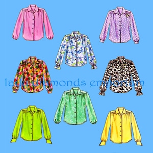 May include: A collection of seven button-down shirts in various colors and patterns. The shirts include solid pink, floral, polka dot, and animal print designs. Each shirt has long sleeves and a collared neckline. The background is a solid light blue.