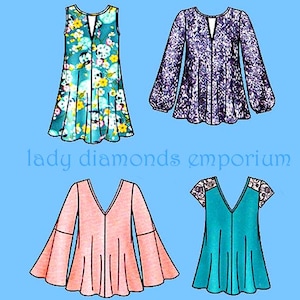Easy Loose-fitting Flared Pullover Tops Tunics Short or Long Sleeve Womens size 8 10 12 14 16 18 20 Sewing Pattern New Look 6414 Uncut
