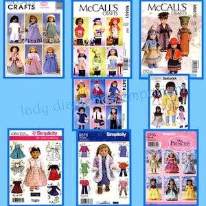 May include: A collection of sewing patterns for making doll clothes. The patterns are from Simplicity, McCall's, and Butterick. The patterns include a variety of styles, including dresses, skirts, tops, trousers, and coats. The patterns are for 18-inch dolls.