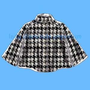 May include: A black, white, and grey houndstooth pattern cape with a high collar and a front zip. The cape is set against a light blue background. The text "lady diamonds emporium" is visible.