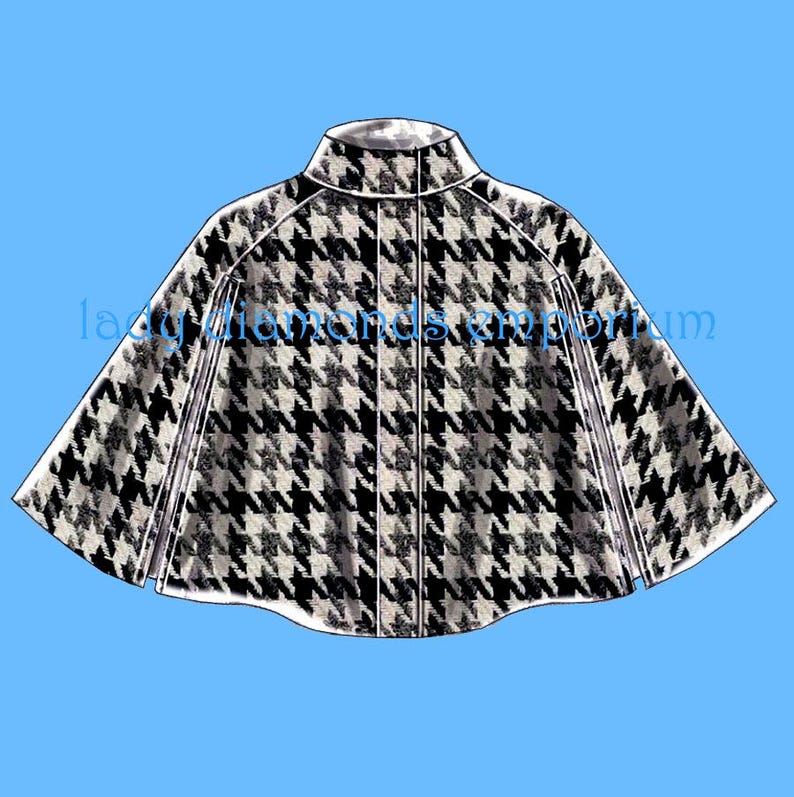 May include: A black, white, and grey houndstooth pattern cape with a high collar and a front zip. The cape is set against a light blue background. The text "lady diamonds emporium" is visible.