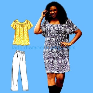 Può includere: Una donna indossa un abito a maniche corte con un motivo floreale bianco e blu navy. L'immagine mostra anche un top giallo con un motivo a pois bianchi e pantaloni bianchi. Il testo "lady diamond Emporium" è visibile.