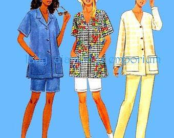 1990's Butterick 4890 Loose Fit Button-up Tops Shirts Tunics Pull-on Shorts Tapered Pants Womens size 16 18 20 22 Uncut