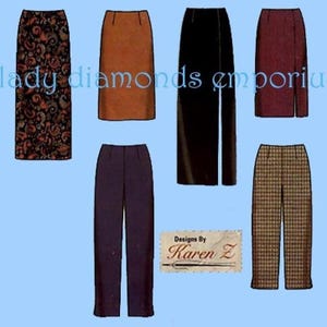 May include: An illustration of various women's clothing items, including skirts and pants. The skirts are in different colors and patterns, such as black, brown, and burgundy. The pants are in solid colors and a plaid pattern. The text "lady diamonds emporium" is visible.