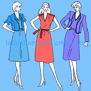 May include: Three women wearing different dresses. The woman on the left is wearing a light blue dress with a matching jacket. The woman in the middle is wearing a red dress with a belt. The woman on the right is wearing a purple dress with a black jacket.