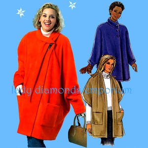 May include: An illustration of three women's coats in different styles. The coats are in orange, blue, and tan. The orange coat has large pockets and a unique closure. The blue coat is a cape style. The tan coat is a cape with pockets.