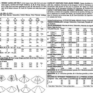 May include: A sewing pattern for misses' capes and a belt, with neckline and length variations. Sizes XS-XXL are included. The pattern suggests wool blends, gabardine, and cotton blends. Measurements are in inches, with metric conversions.