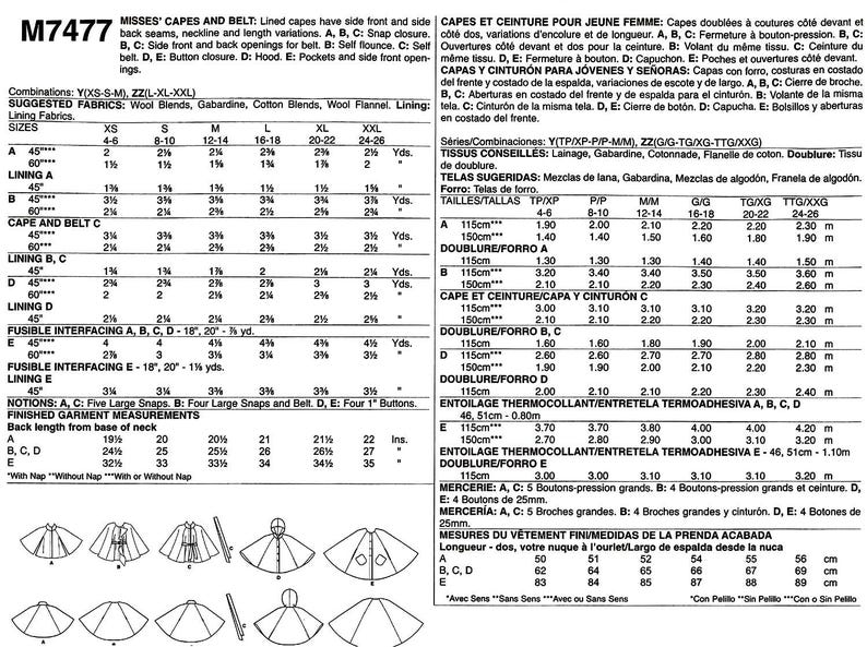 May include: A sewing pattern for misses' capes and a belt, with neckline and length variations. Sizes XS-XXL are included. The pattern suggests wool blends, gabardine, and cotton blends. Measurements are in inches, with metric conversions.