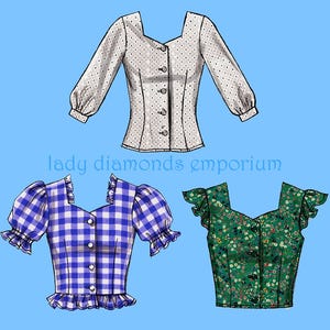 May include: Three illustrated blouses on a blue background. The top blouse is white with small black polka dots and long sleeves. The middle blouse is blue and white gingham with short, ruffled sleeves. The bottom blouse is green with a floral pattern.