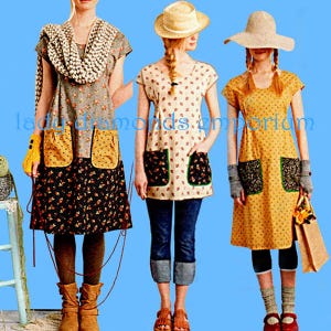 May include: Three outfits featuring floral-patterned dresses and tunics with contrasting patch pockets. The garments are styled with straw hats, knit scarves, fingerless gloves, and leggings. The text 'lady diamonds emporium' is overlaid on the image.