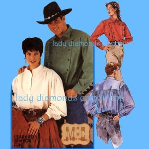 Puede incluir: Un anuncio de ropa de estilo western. La imagen muestra a un hombre con una camisa verde y una mujer con una blusa blanca, junto con otros modelos que visten camisas rojas y azules. El texto "LEARN TO SEW FOR FUN" es visible.