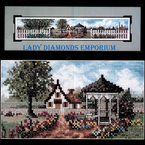 Cottage & Gazebo, Vintage Janlynn Counted Cross Stitch Kit #80-151 NIP House Cottage Flowers Trees Picket Fence Countryside Great Gift Idea