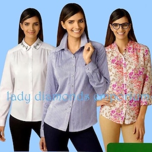 May include: Three long-sleeved button-down shirts. The first shirt is white with a beaded collar. The second shirt is blue and white striped. The third shirt is a floral print with pink, white, and orange flowers.