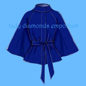 May include: A royal blue cape with a high collar and a tie belt. The cape has a flowing design with wide sleeves. The text "lady diamonds emporium" is printed on the left side of the cape.