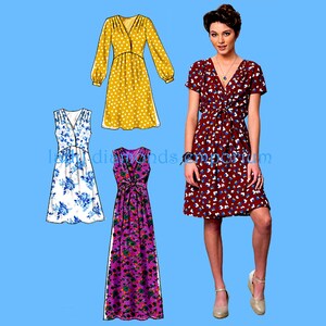Puede incluir: Imagen que presenta patrones de vestidos y una mujer con un vestido rojo con estampado floral. Los patrones incluyen un vestido amarillo con lunares, un vestido floral blanco y azul y un vestido floral morado. La mujer lleva zapatos dorados.