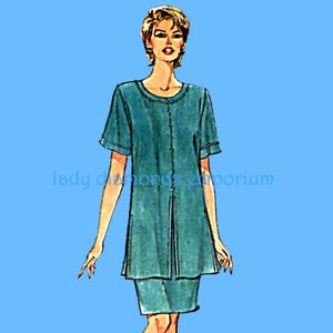 May include: Illustration of a teal two-piece outfit, comprising a short-sleeved top and a skirt. The top features a button-up front and a rounded neckline. The text "lady diamonds emporium" is visible on the image.