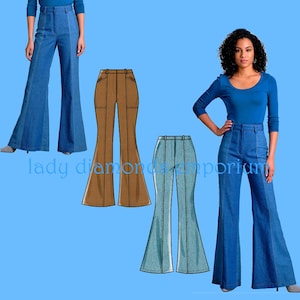May include: Image features a woman wearing blue flared jeans and a blue long-sleeve top. The image also shows three different sewing patterns of flared jeans in brown and blue. The text "lady diamonds emporium" is visible.