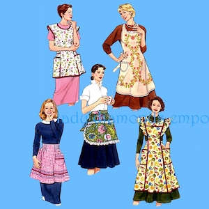 Op de afbeelding: Illustraties van vintage keukenschorten in verschillende stijlen. De schorten hebben bloemen-, fruit- en patroonontwerpen, met details zoals zakken en ruches. De illustraties staan tegen een lichtblauwe achtergrond en tonen een retro esthetiek.