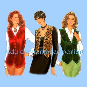 May include: A fashion illustration featuring three outfits: a red vest over a white shirt, a leopard print vest over a black long-sleeve top, and a green patterned vest over a white shirt. The text lady diamonds emporium is centered across the image.