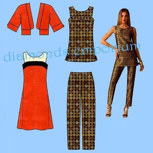 Puede incluir: Ilustración de un diseño de moda vintage con una chaqueta roja, un vestido sin mangas, una blusa estampada y pantalones. Las piezas estampadas tienen un diseño de lunares marrones y dorados. El vestido es rojo con ribete negro y blanco.