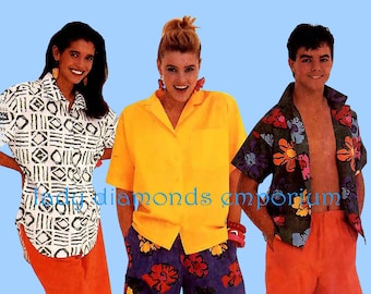 1980&#39;s Short Sleeve Front Button Camp Shirts Top Mens Womens Teens sz 10 12 Bust/Chest 32-34 Learn to Sew For Fun Pattern McCalls 2979 Uncut