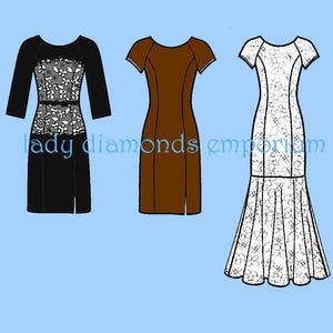 May include: Three different styles of dresses. The first dress is black with a lace bodice and three-quarter sleeves. The second dress is brown with short sleeves. The third dress is white lace with a mermaid skirt.
