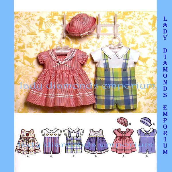 Simplicity 4711 Baby Boys & Girls Rompers Dress Sailor Hat size XXS XS S M L Newborn to 18 Months Infants Sewing Pattern Uncut