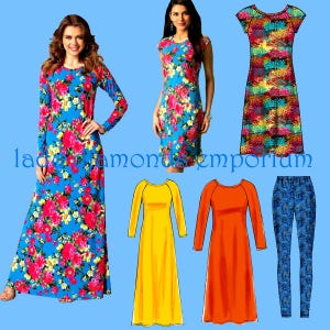 Può includere: Una collezione di abiti e leggings da donna in vari stili e colori. Gli abiti includono un abito lungo a maniche lunghe e un abito senza maniche al ginocchio, entrambi con un motivo floreale blu. Altri abiti sono gialli e arancioni. I leggings sono blu con un motivo floreale.