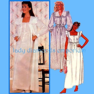 May include: Image of vintage nightgowns and a robe. The nightgowns are white and patterned, with long sleeves and a square neckline. The robe is white with a square collar. The image has the text "lady diamonds emporium".