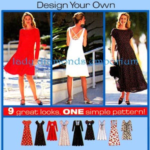 1990’s Princess Seam Fitted & Flared Dress Mini Midi Maxi Open Back Womens size 12 14 16 Design Your Own Dress Pattern Simplicity 7237 Uncut