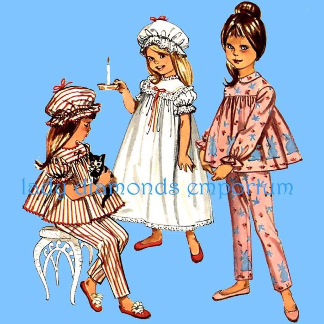 1960's Simplicity Child's Two Piece Pajama, Nightgown and Cap Pattern - Chest 20