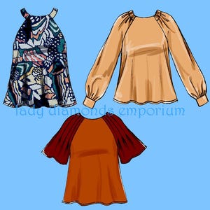 May include: Three illustrated tops on a blue background. One is a halter top with a butterfly pattern in blue, green, and pink. Another is a long-sleeved, peach-coloured top. The third is a burnt orange top with burgundy sleeves. The text "lady diamonds emporium" is at the bottom.