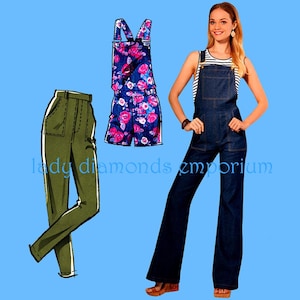 May include: An image featuring three different styles of overalls. One is a dark denim jumpsuit, another is a floral print romper, and the third is a pair of olive green pants. The text "lady diamonds emporium" is visible.