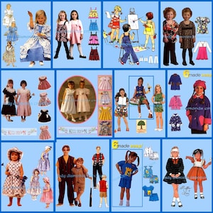 May include: A collage of images featuring various children's clothing patterns. The patterns include dresses, skirts, shirts, pants, and jackets. The patterns are designed for girls and boys of different ages. The patterns are made easy and include instructions for sewing.