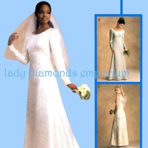 1990&#39;s Empire Waist Wedding Dress Draped Back Train Option Bridesmaid Womens size 14 16 18 Alicyn Exclusives Sew Pattern McCalls 9691 Uncut